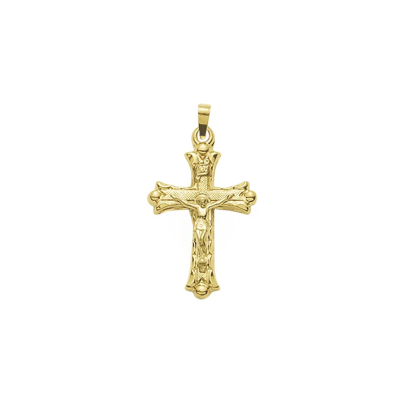 1-1/8 Inch 14KT Gold Budded Ends with Etched Detailing Crucifix Pendant