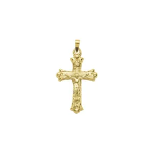 1-1/8 Inch 14KT Gold Budded Ends with Etched Detailing Crucifix Pendant