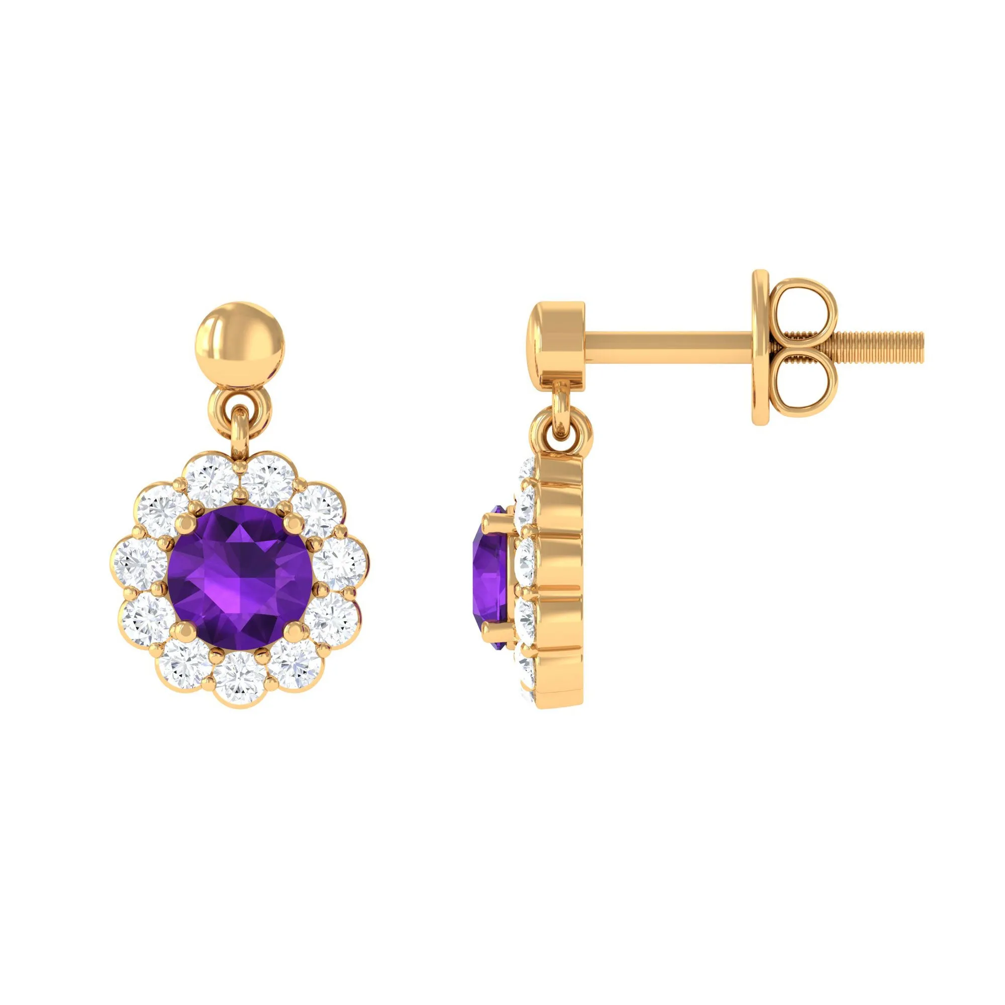 1.5 CT Real Amethyst and Diamond Flower Halo Drop Earrings