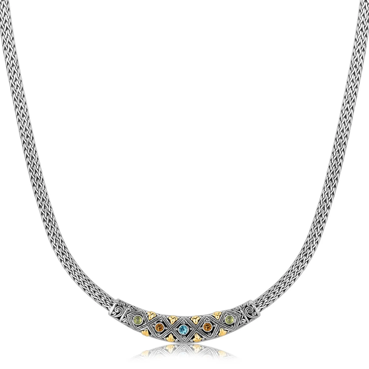 18K Yellow Gold and Sterling Silver Wheat Chain Necklace with Multi Gem Accents