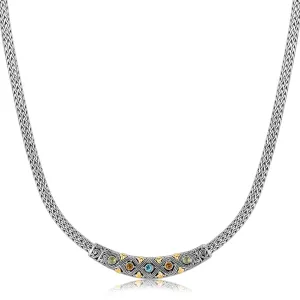 18K Yellow Gold and Sterling Silver Wheat Chain Necklace with Multi Gem Accents