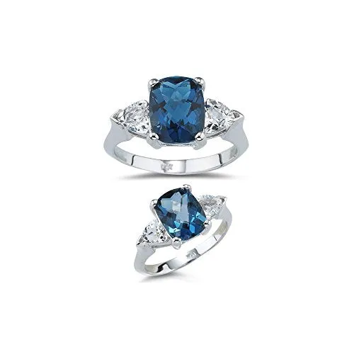 5.25 Cts London Blue Topaz & AAA White Topaz Three Stone Ring in 14KW Gold