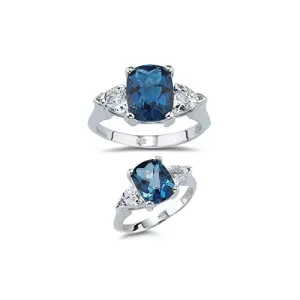 5.25 Cts London Blue Topaz & AAA White Topaz Three Stone Ring in 14KW Gold