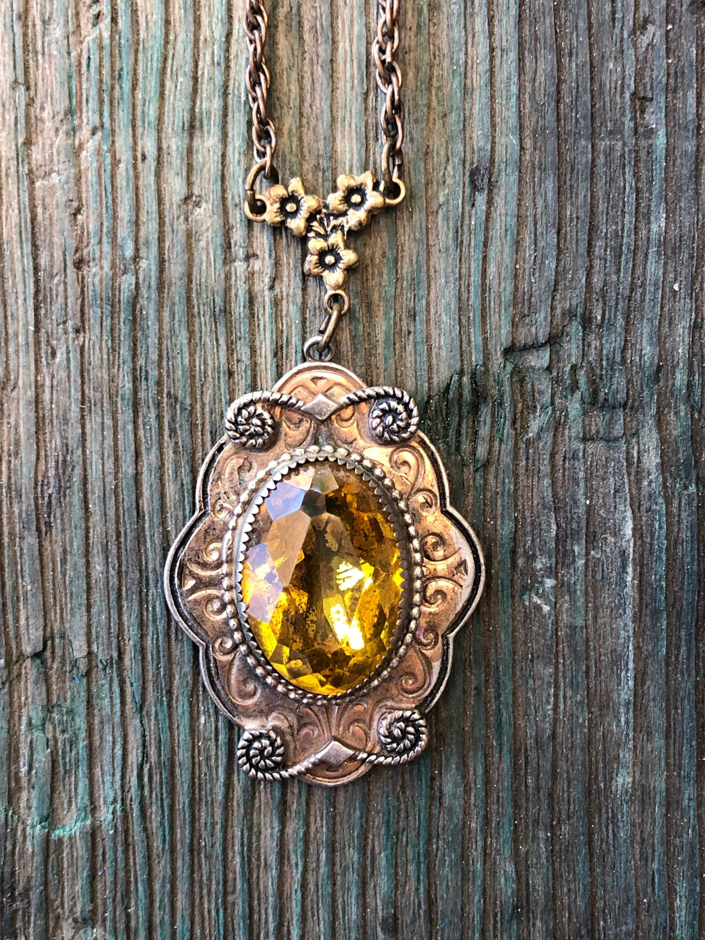 Antique Art Nouveau Gilded Brass & Czech Citrine Art Glass Embossed Necklace