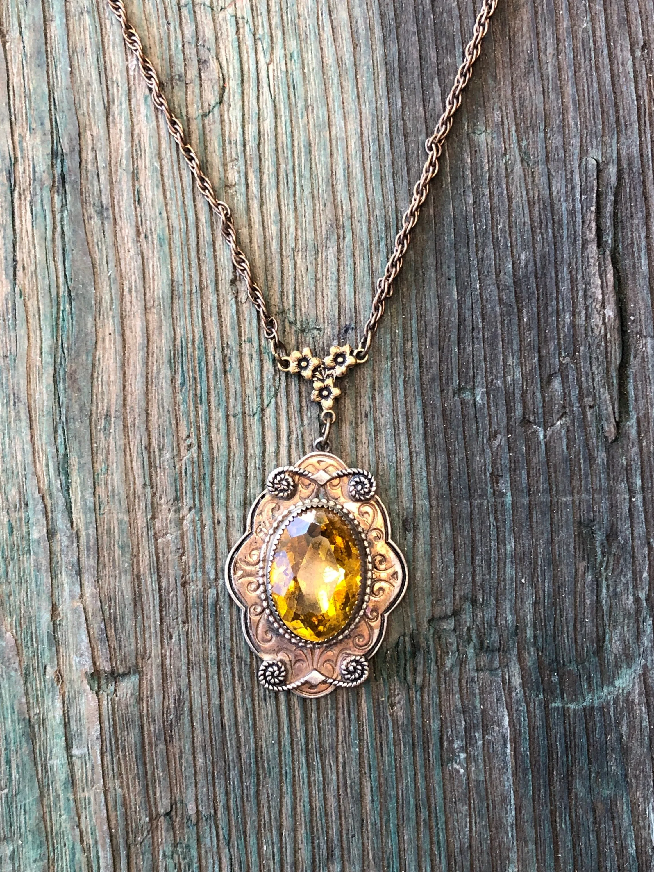 Antique Art Nouveau Gilded Brass & Czech Citrine Art Glass Embossed Necklace