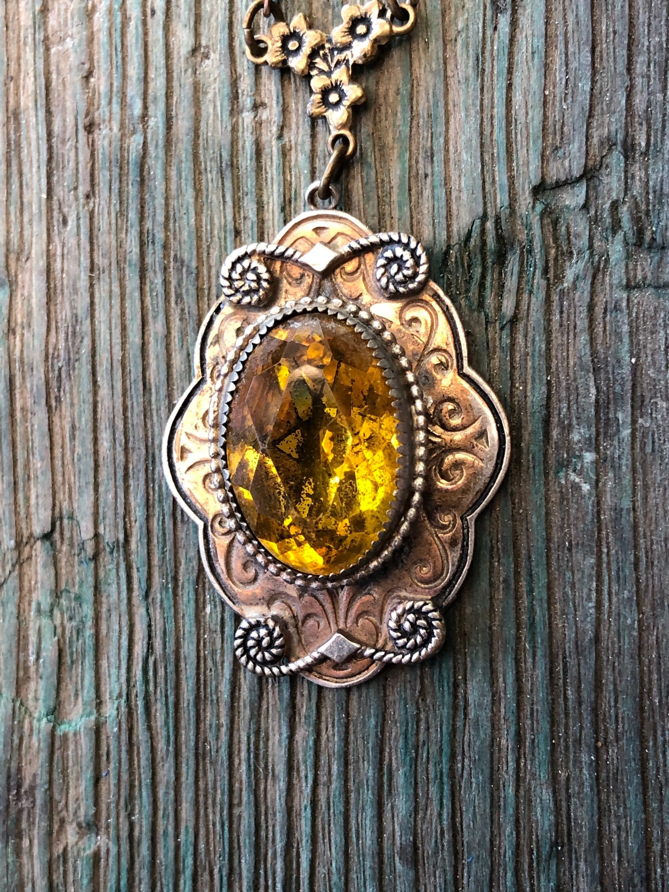 Antique Art Nouveau Gilded Brass & Czech Citrine Art Glass Embossed Necklace