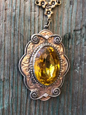 Antique Art Nouveau Gilded Brass & Czech Citrine Art Glass Embossed Necklace