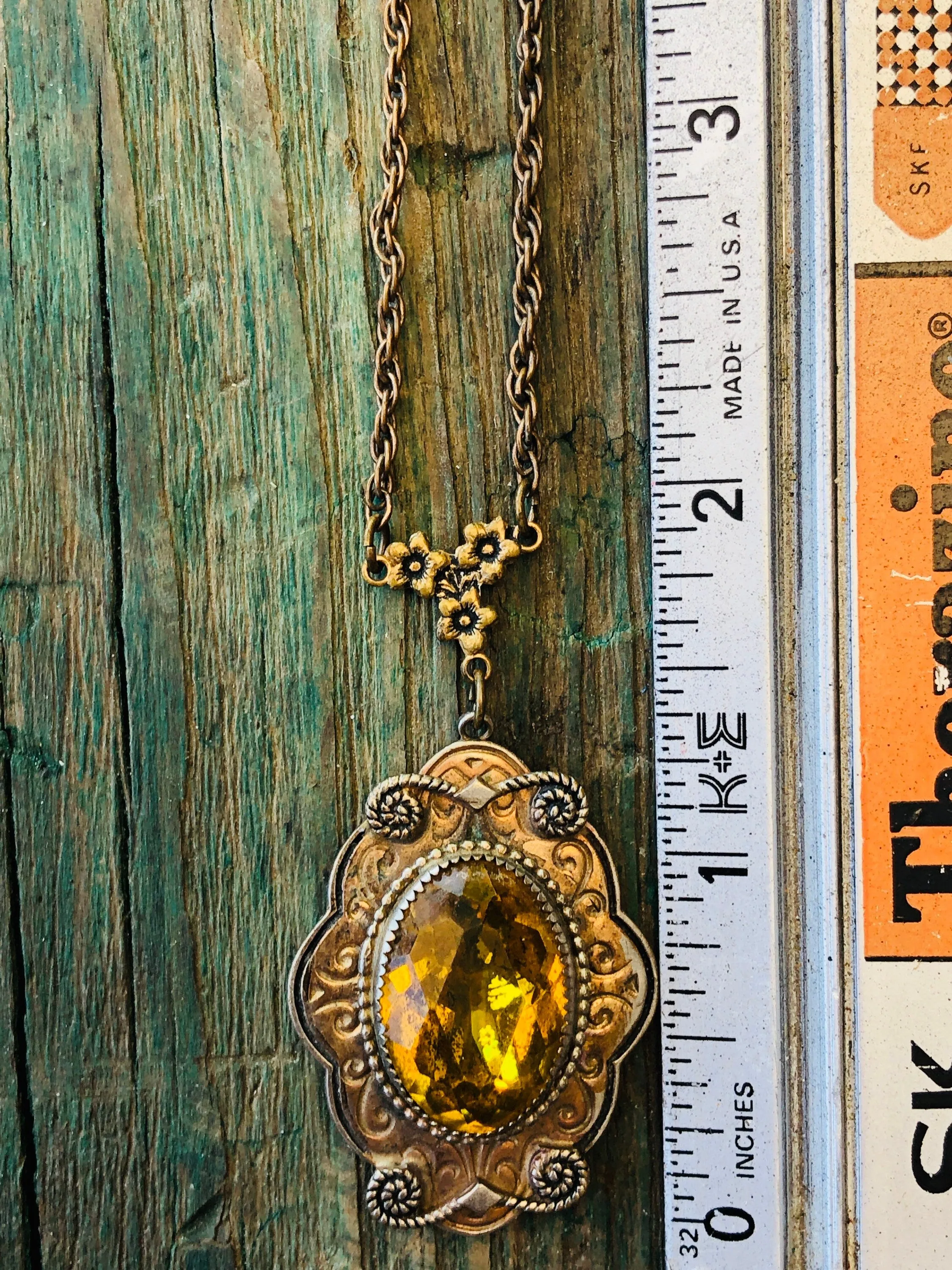 Antique Art Nouveau Gilded Brass & Czech Citrine Art Glass Embossed Necklace