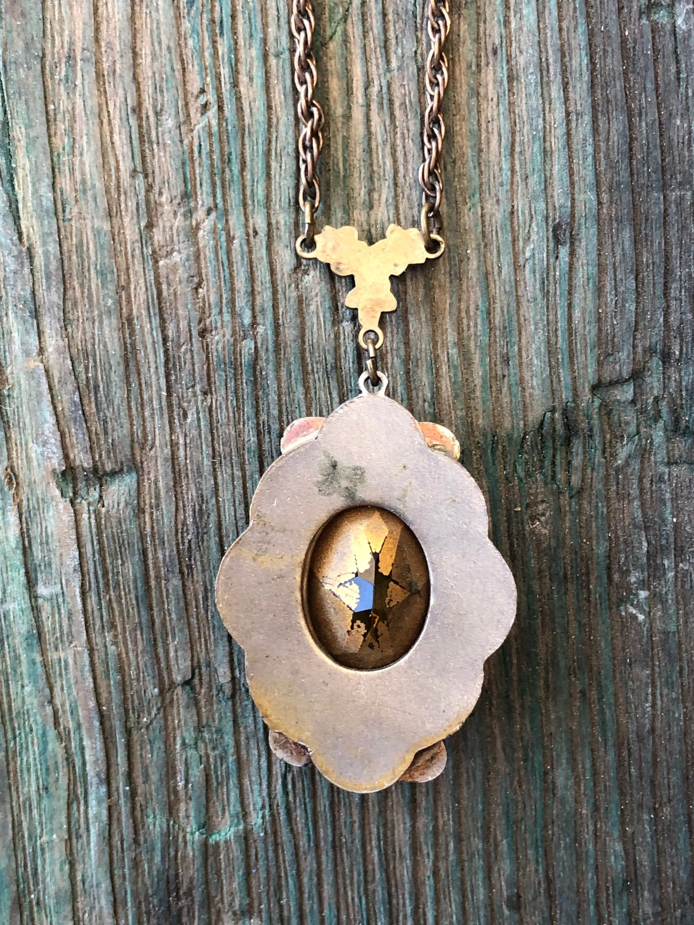 Antique Art Nouveau Gilded Brass & Czech Citrine Art Glass Embossed Necklace