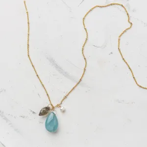 Aquamarine Smooth Pear Opera Necklace with Labradorite and Pearl