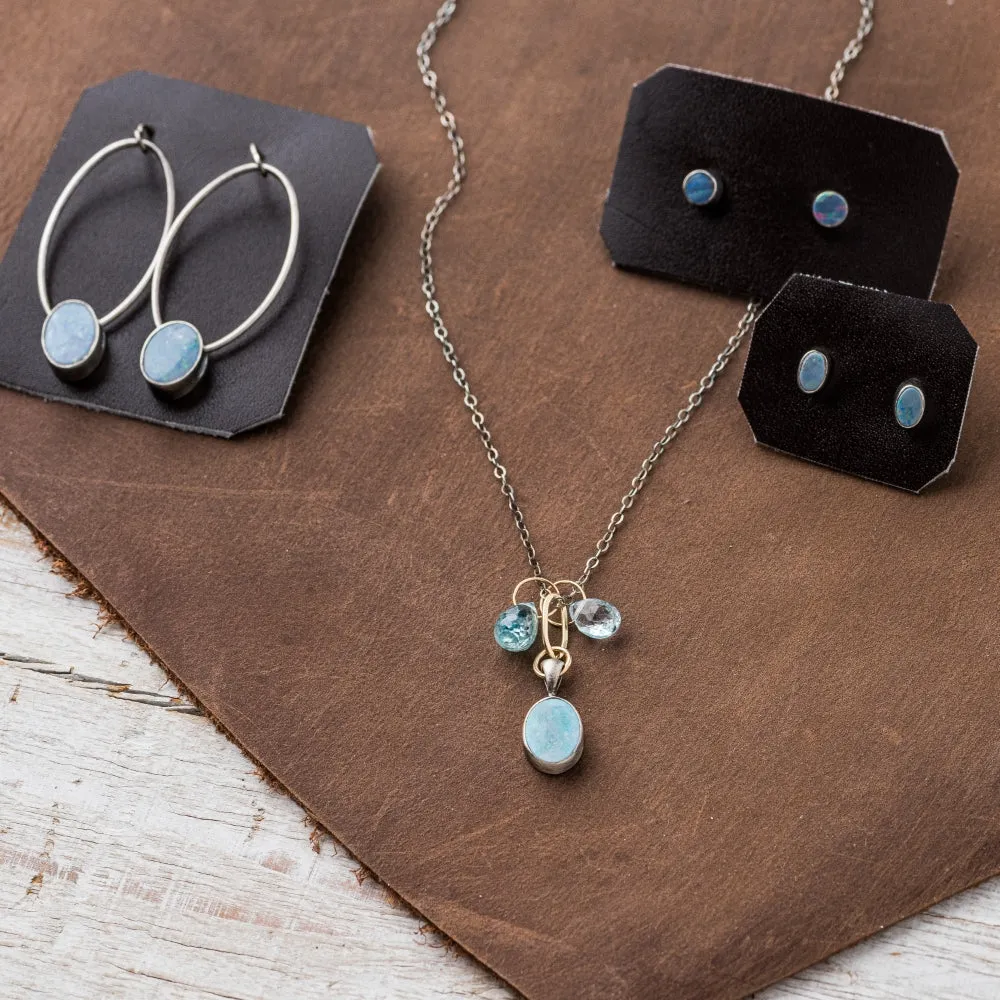 Australian Opal Oval Necklace with Aquamarine and Blue Zircon