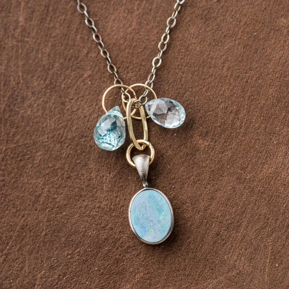 Australian Opal Oval Necklace with Aquamarine and Blue Zircon