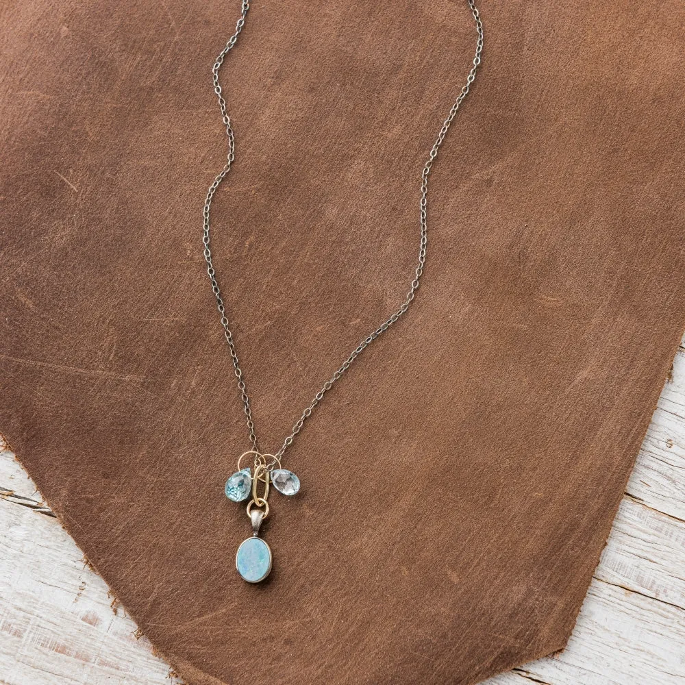 Australian Opal Oval Necklace with Aquamarine and Blue Zircon