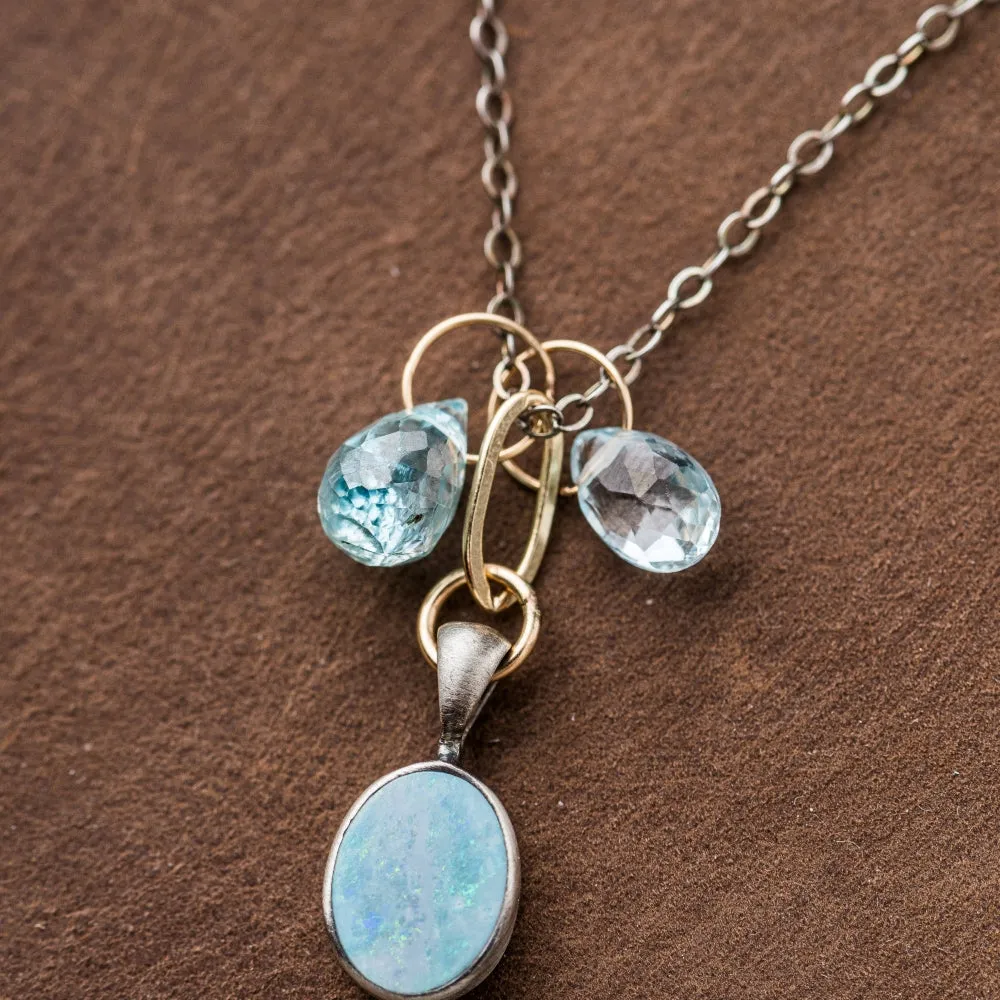 Australian Opal Oval Necklace with Aquamarine and Blue Zircon