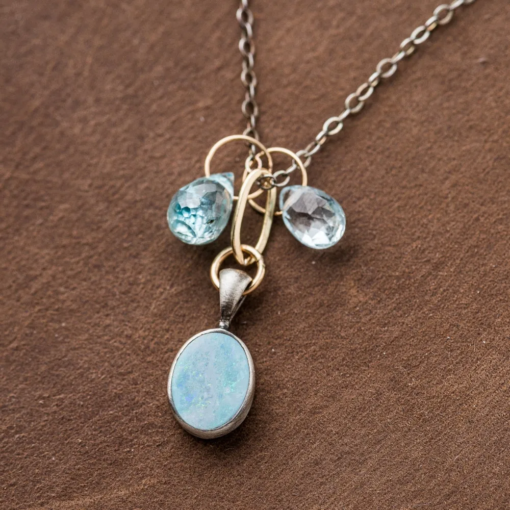 Australian Opal Oval Necklace with Aquamarine and Blue Zircon