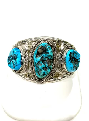 BEAUTIFUL GENUINE TURQUOISE SOLID STERLING SILVER CUFF BRACELET