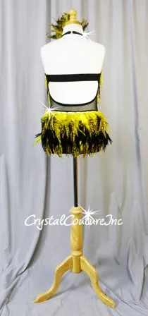 Black Sheer Mesh/Lycra Leotard with Yellow and Black Dangling Fringe and Feathers - Swarovski Rhinestones