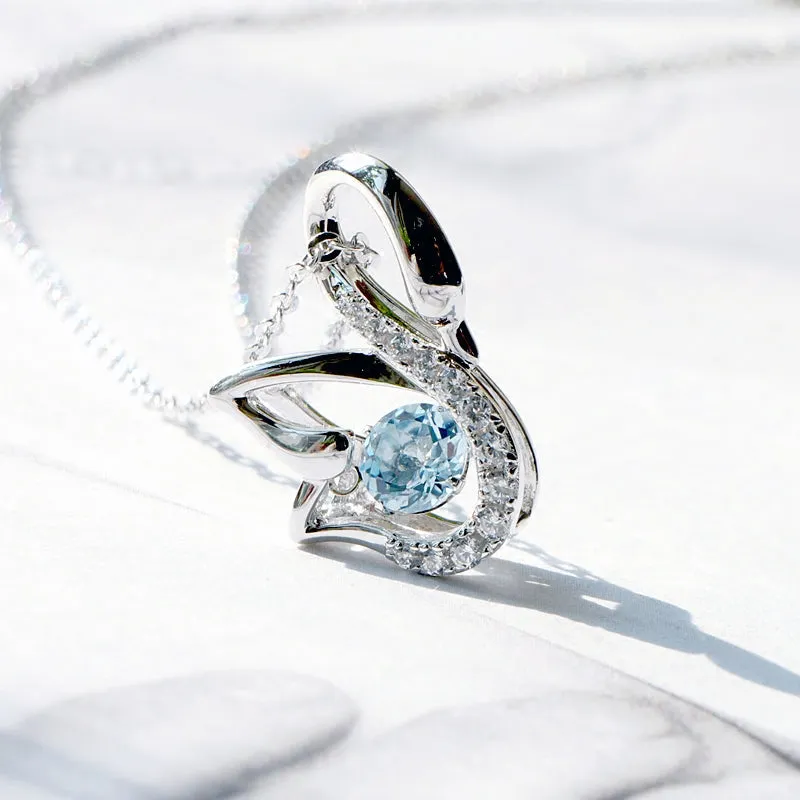 Blue Aquamarine Swan Pendant Necklace White Gold Plated Sterling Silver For Women