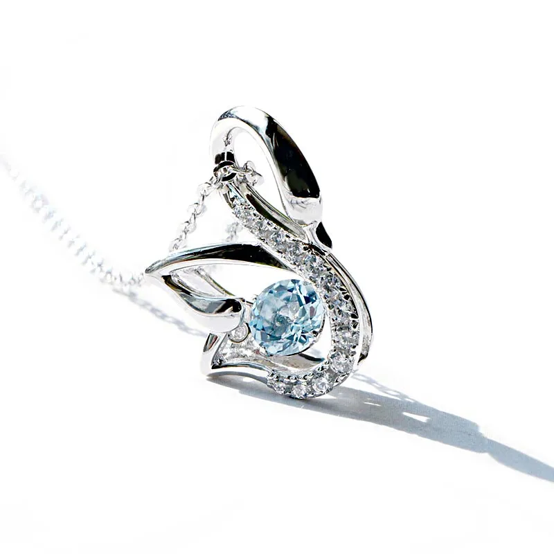 Blue Aquamarine Swan Pendant Necklace White Gold Plated Sterling Silver For Women
