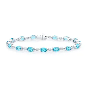 Blue Topaz Oval Half-bezel And Diamond Pave East-west Bracelet In 14k White Gold (6x4mm)