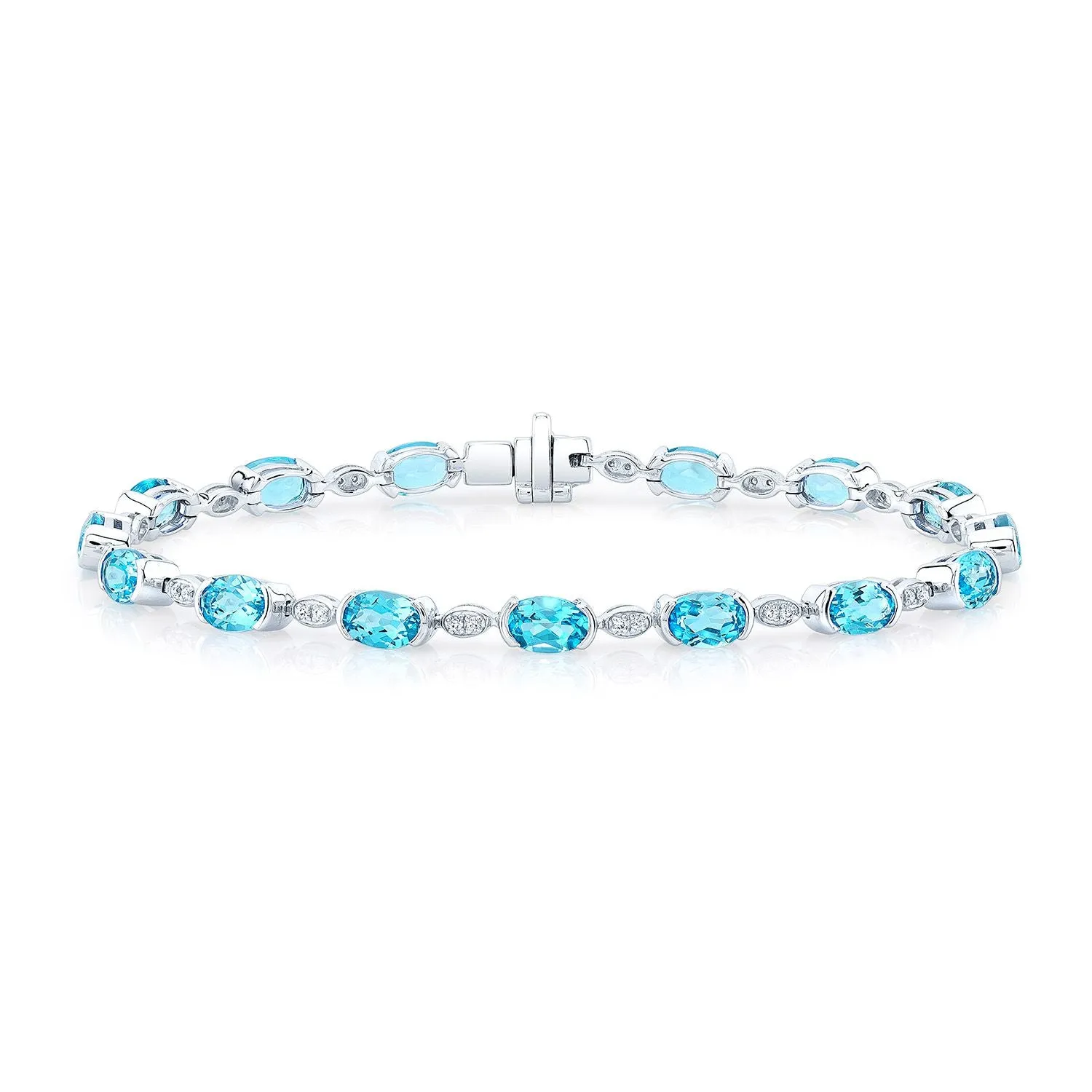 Blue Topaz Oval Half-bezel And Diamond Pave East-west Bracelet In 14k White Gold (6x4mm)