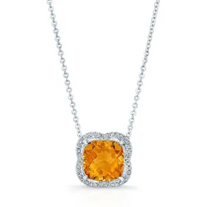Citrine And Diamond Scalloped Framed Necklace In 14k White Gold (18-inch Rolo Chain)