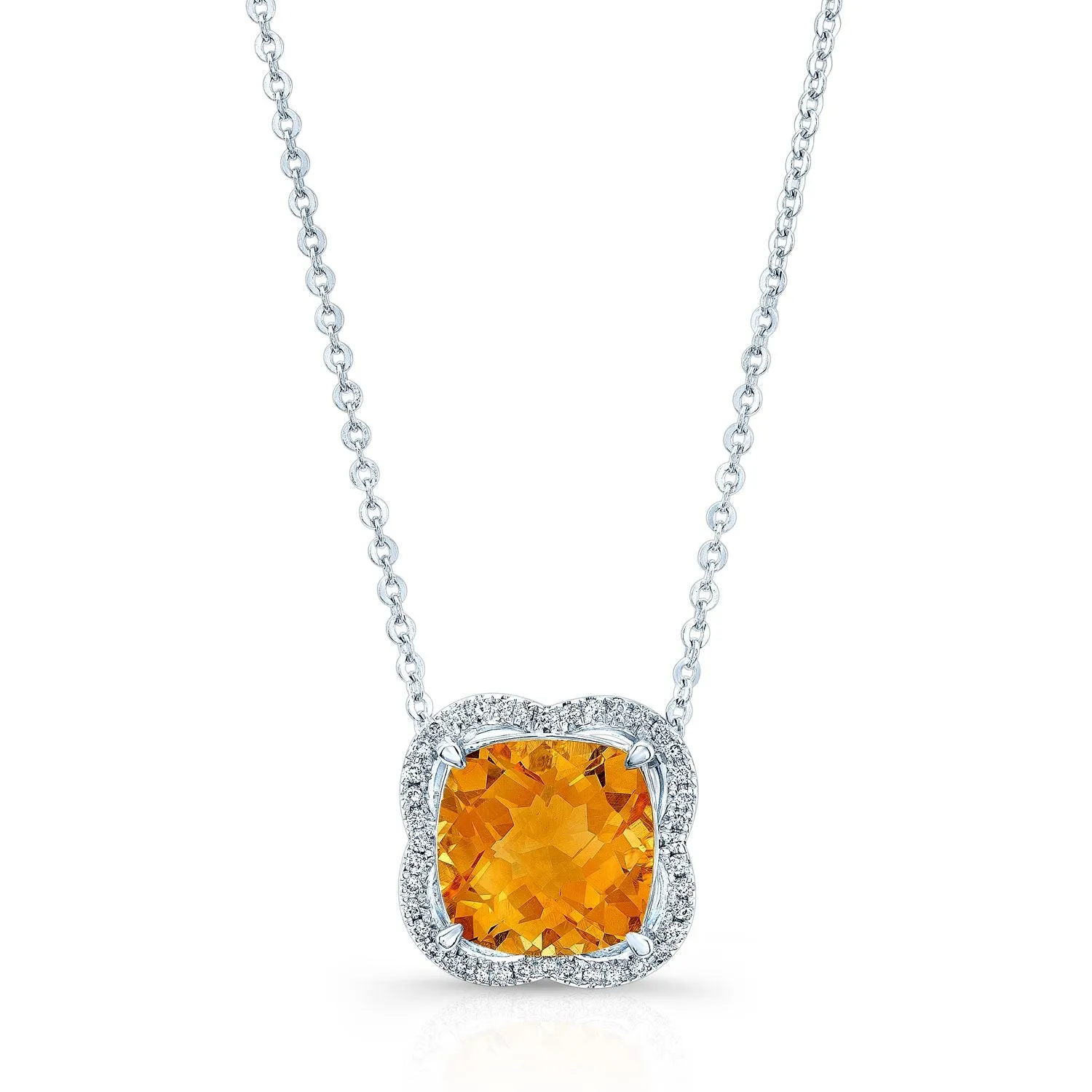Citrine And Diamond Scalloped Framed Necklace In 14k White Gold (18-inch Rolo Chain)
