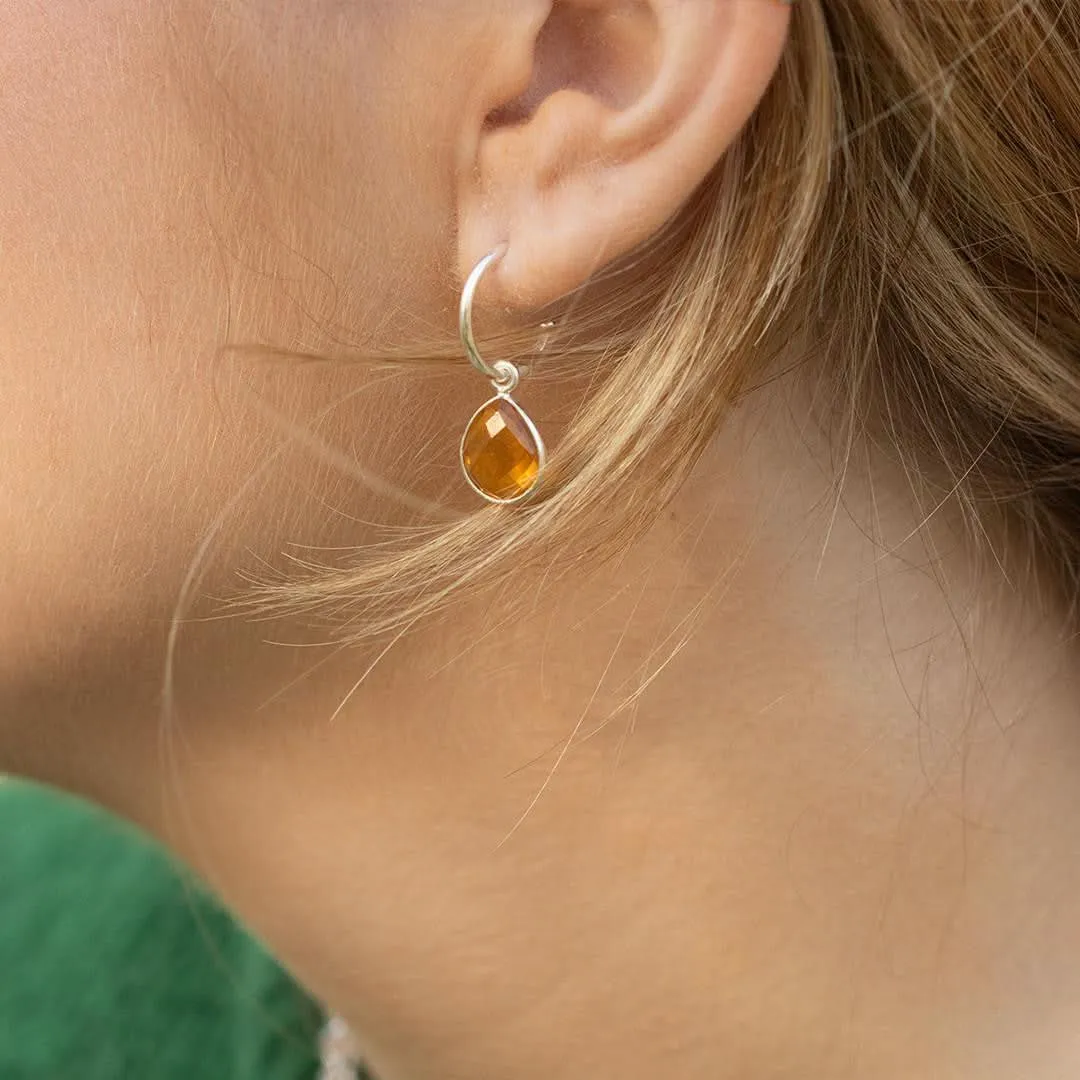 Citrine Drop Hoop Earrings | Silver - November