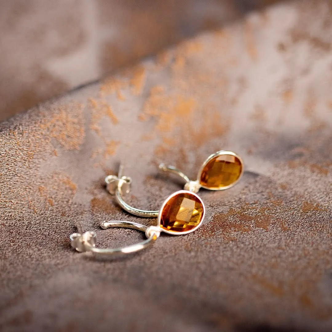 Citrine Drop Hoop Earrings | Silver - November