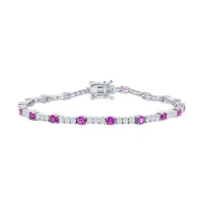 Classic Women's Bracelet - Silver 3mm Pink Topaz CZ and White CZ Tennis | T-8029