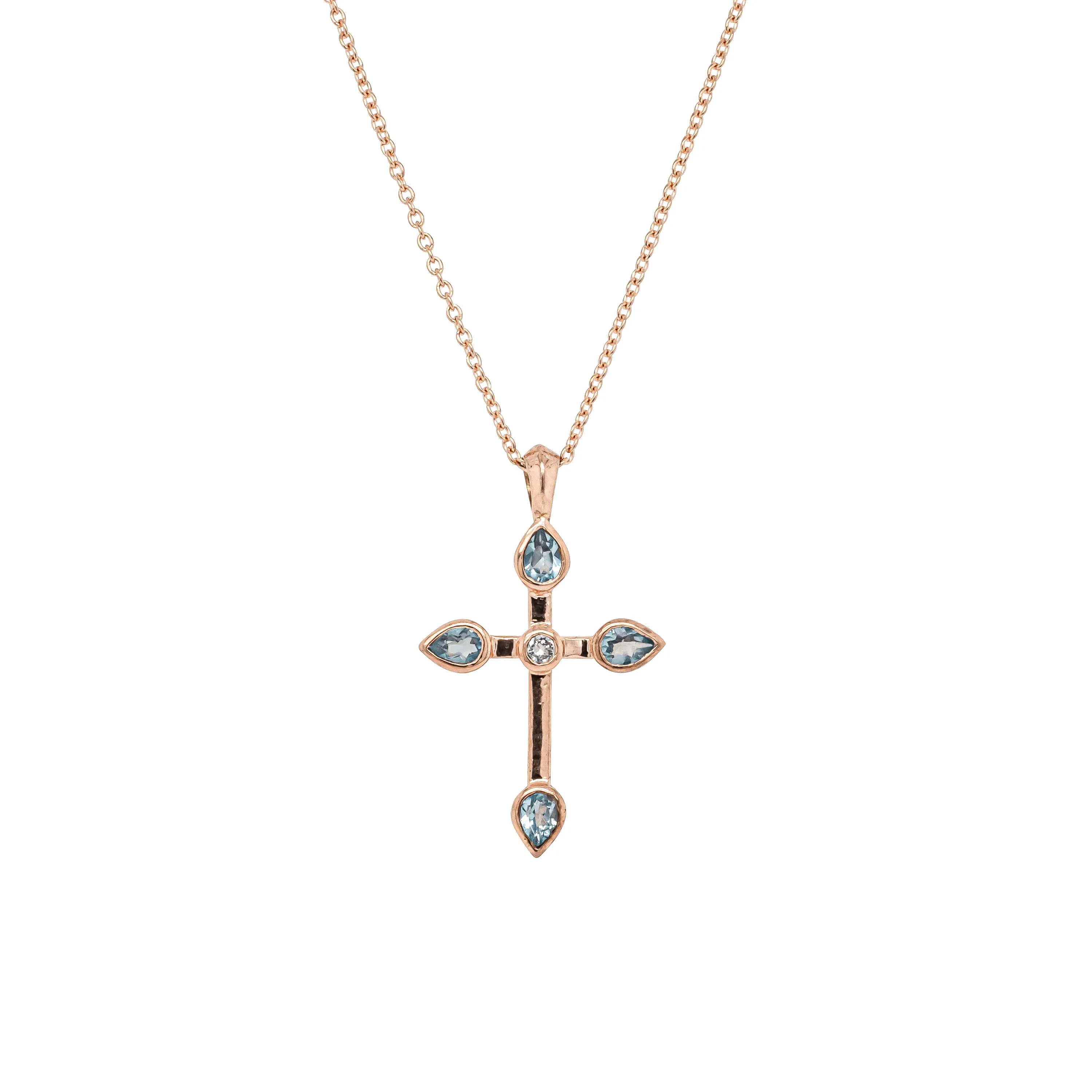 Deja Vu 9ct Rose Gold Aquamarine & Diamond Cross Pendant
