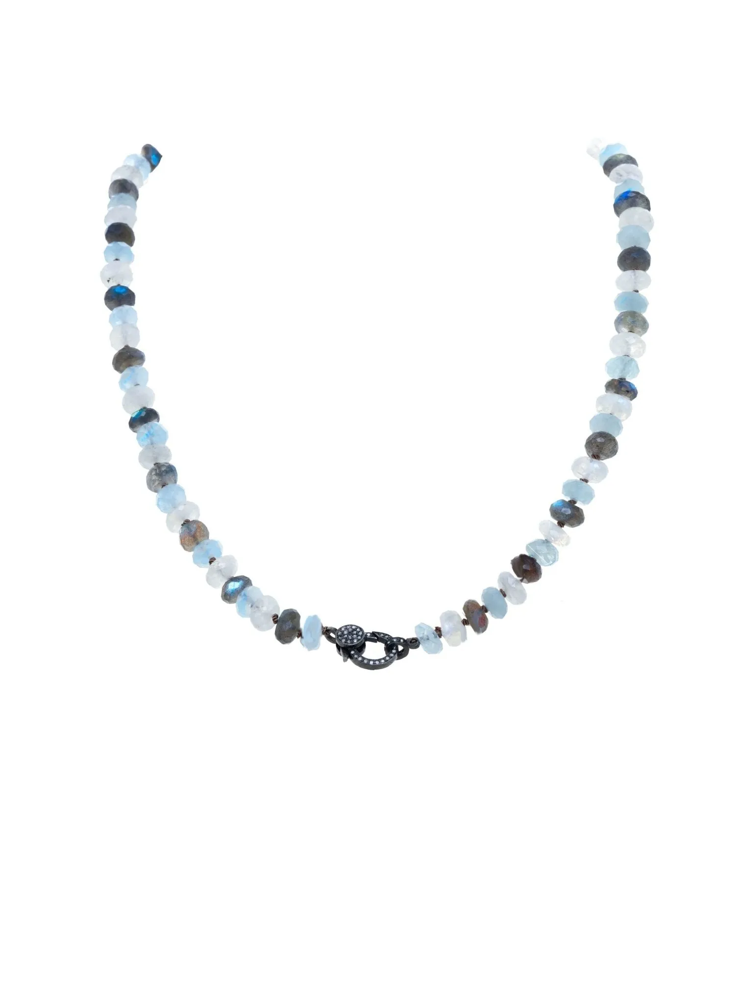Faceted labradorite, moonstone, aquamarine, diamond clasp