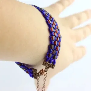 Flat Herringbone bracelet - Cobalt and beer bottle and copper clasp