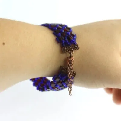 Flat Herringbone bracelet - Cobalt and beer bottle and copper clasp