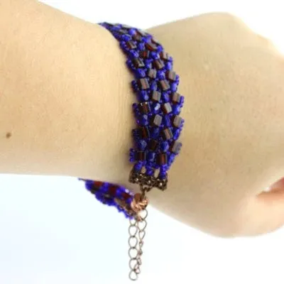 Flat Herringbone bracelet - Cobalt and beer bottle and copper clasp