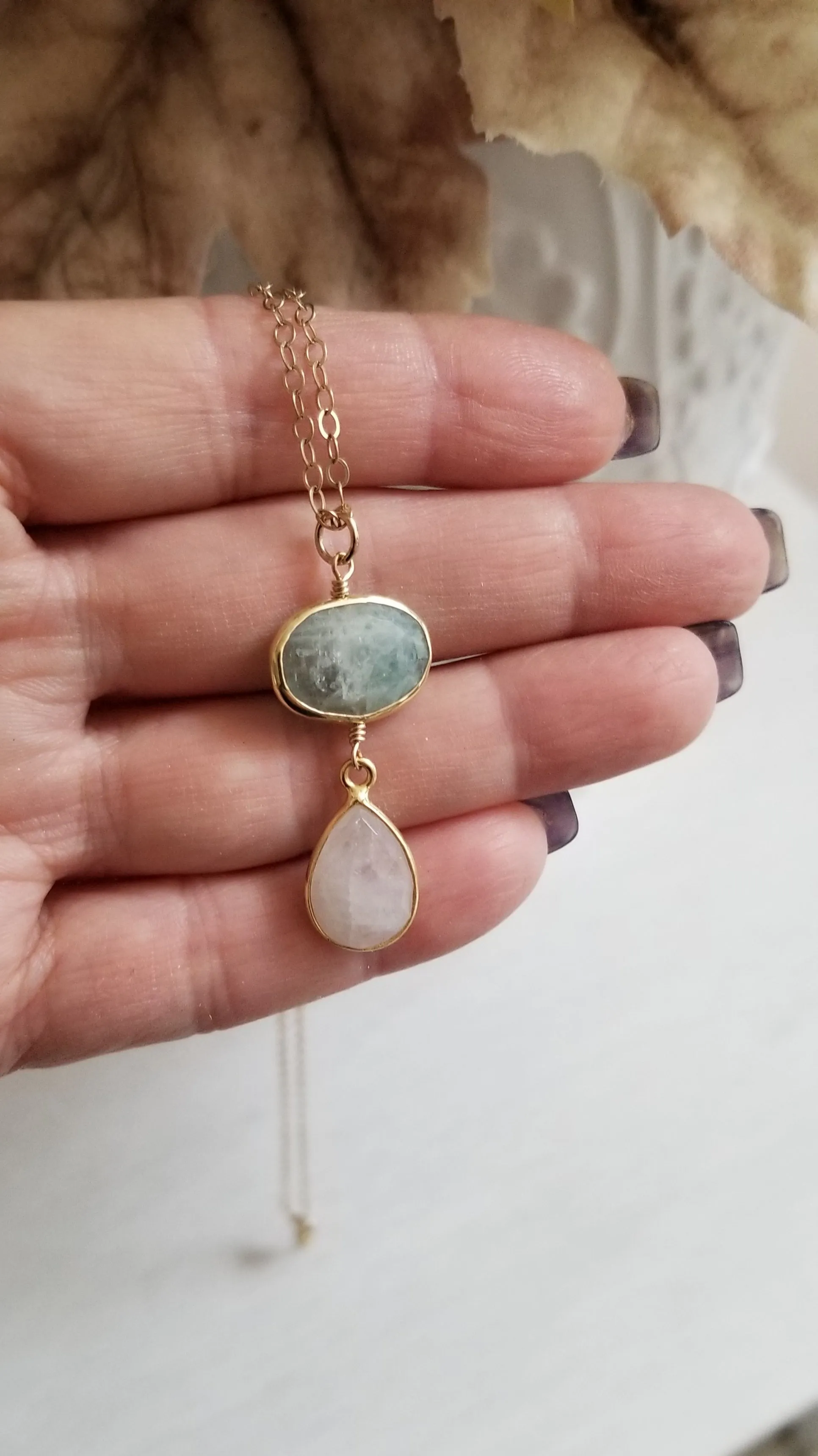 Gold Aquamarine and Moonstone Pendant Necklace for Women