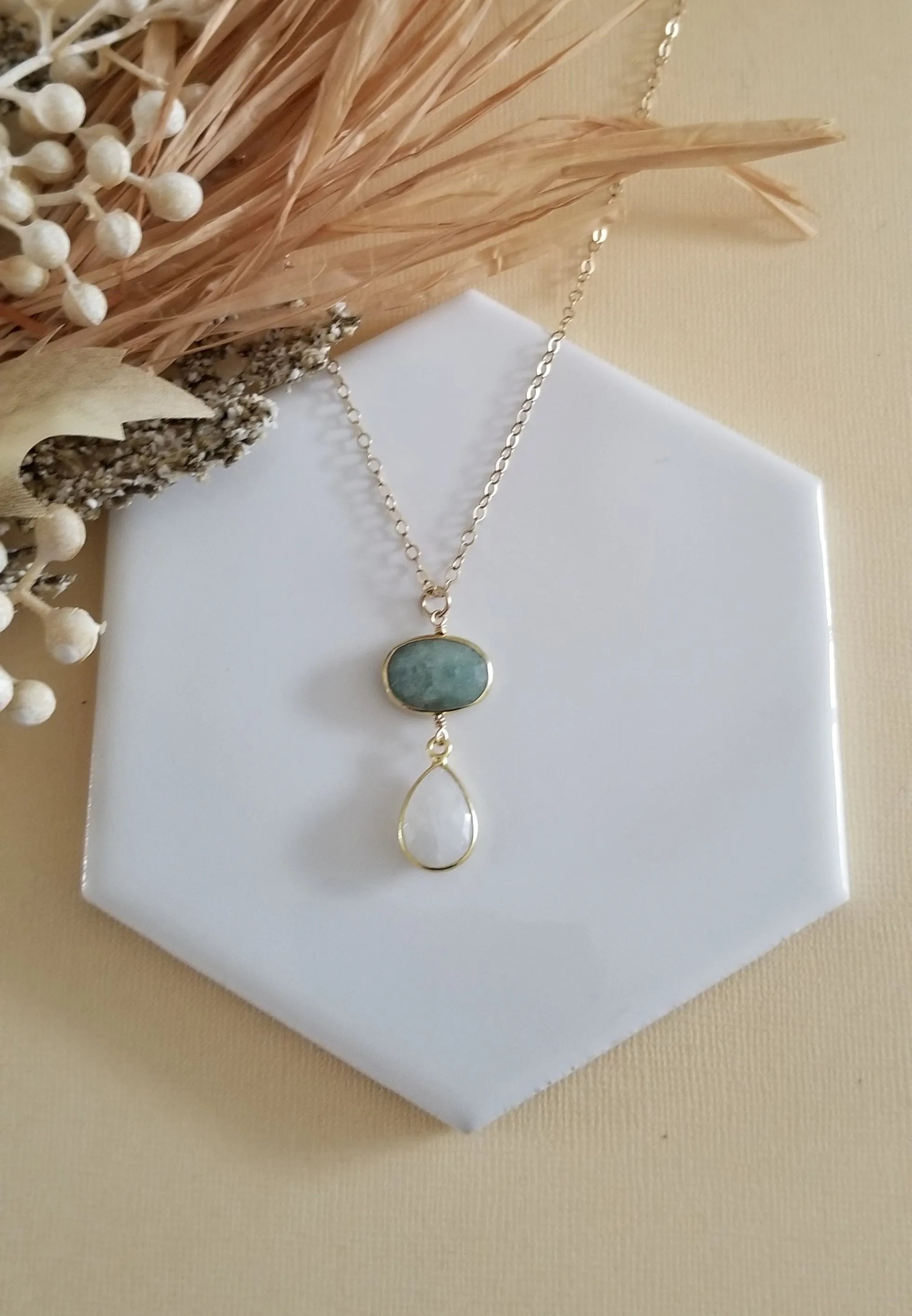 Gold Aquamarine and Moonstone Pendant Necklace for Women