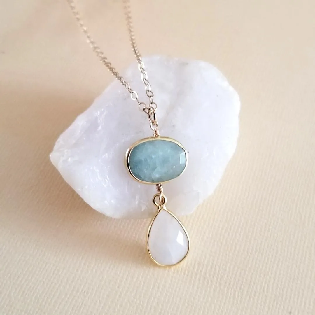 Gold Aquamarine and Moonstone Pendant Necklace for Women
