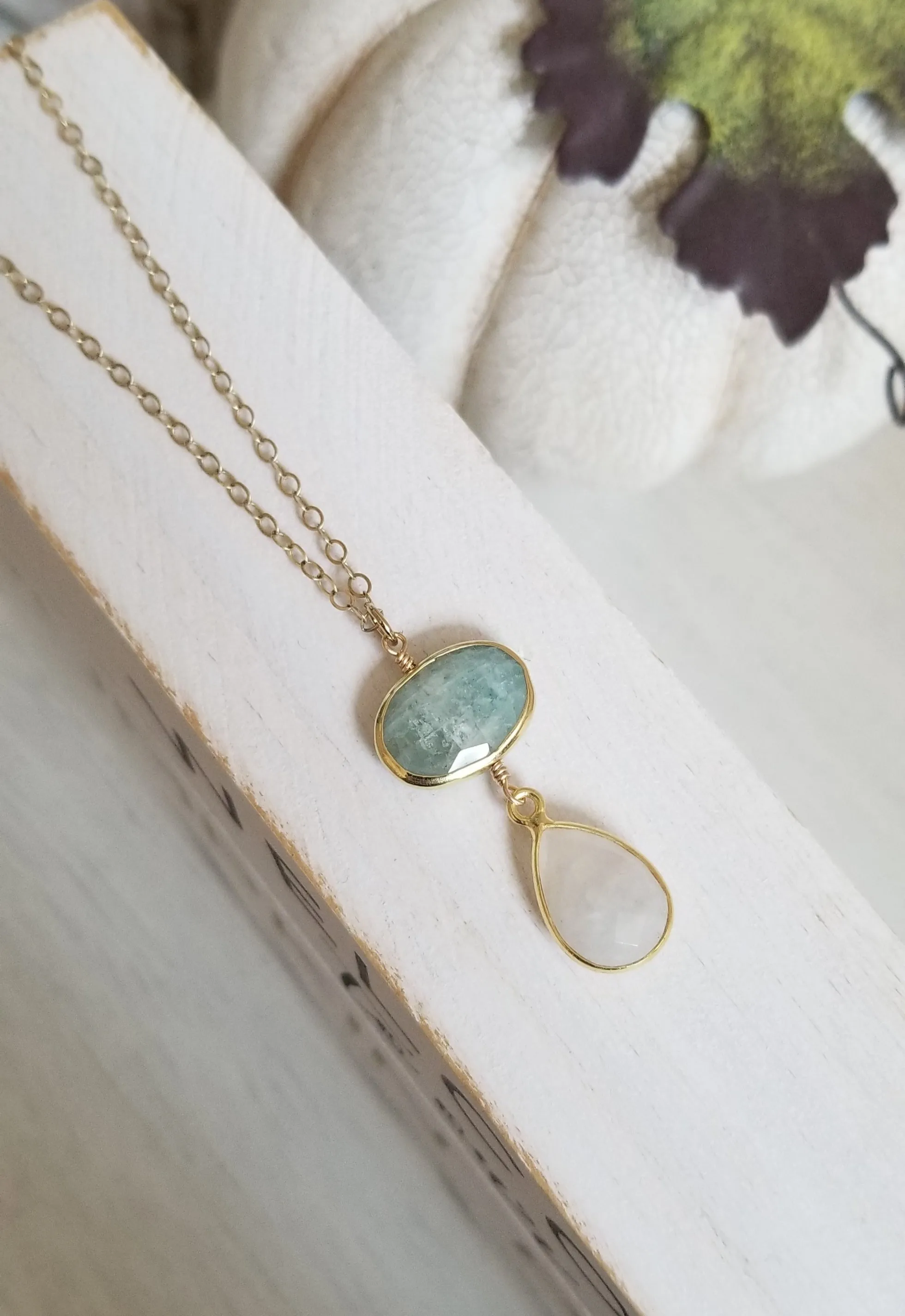 Gold Aquamarine and Moonstone Pendant Necklace for Women