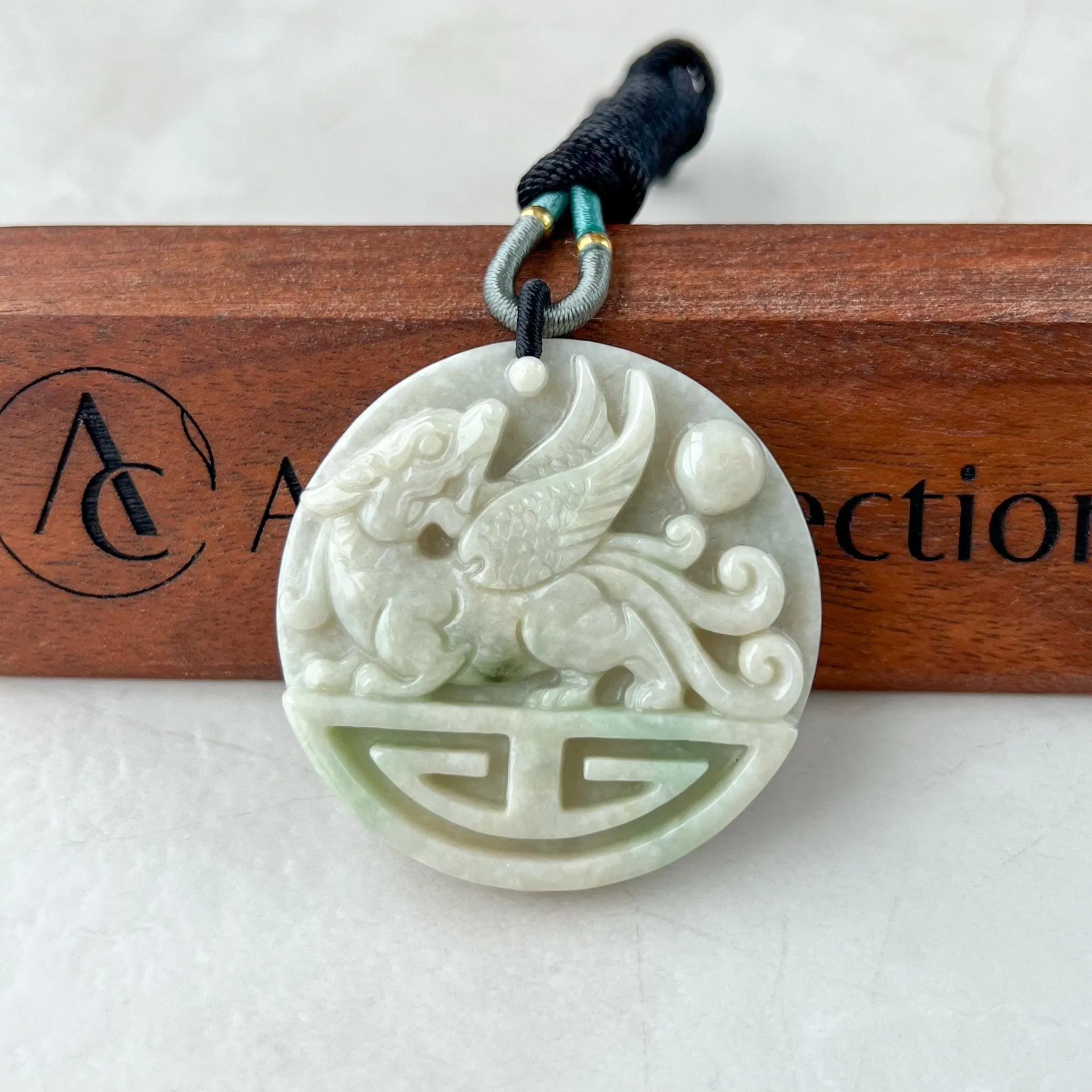 Guardian of Wealth & Fortune, Light Green Pixiu Pendant , 貔貅, Winged Pi Xiu, Chinese Carved Pendant, YJ-0322-0345722