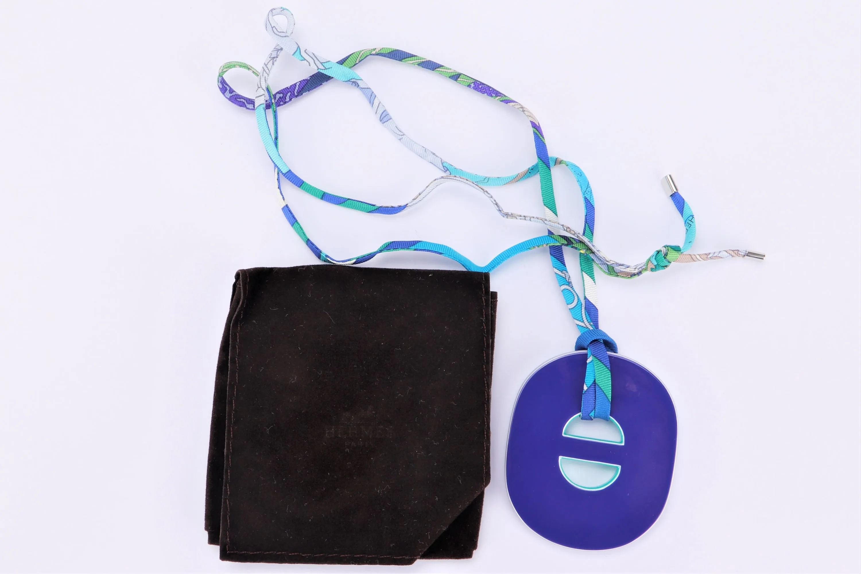HERMES BUFFALO HORN NECKLACE BLUE, TURQUOISE SILK STRAP, WITH DUST COVER