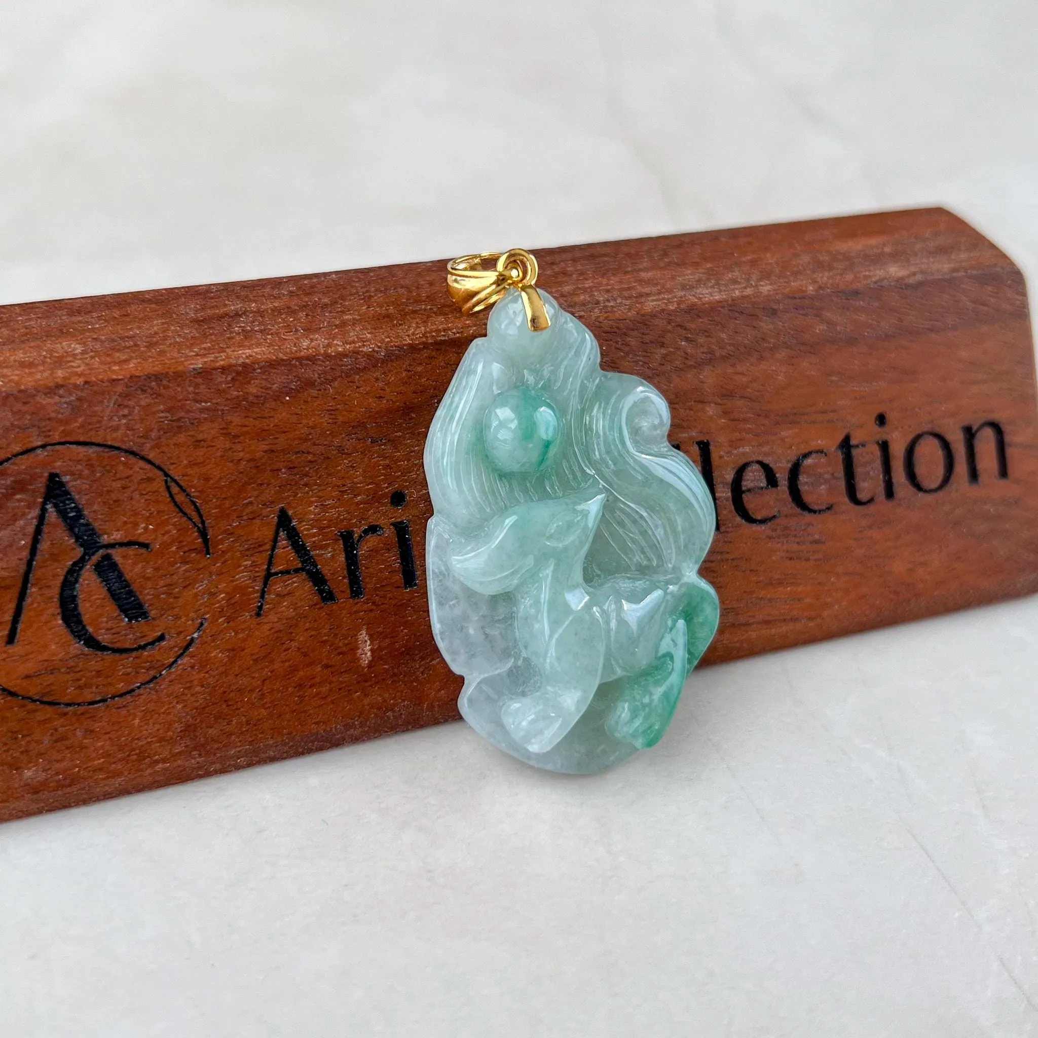 Nine 9 Tail Fox Jade Pendant with 18K Gold, Jadeite Jade Hand Carved Pendant, BH-0224-0003061