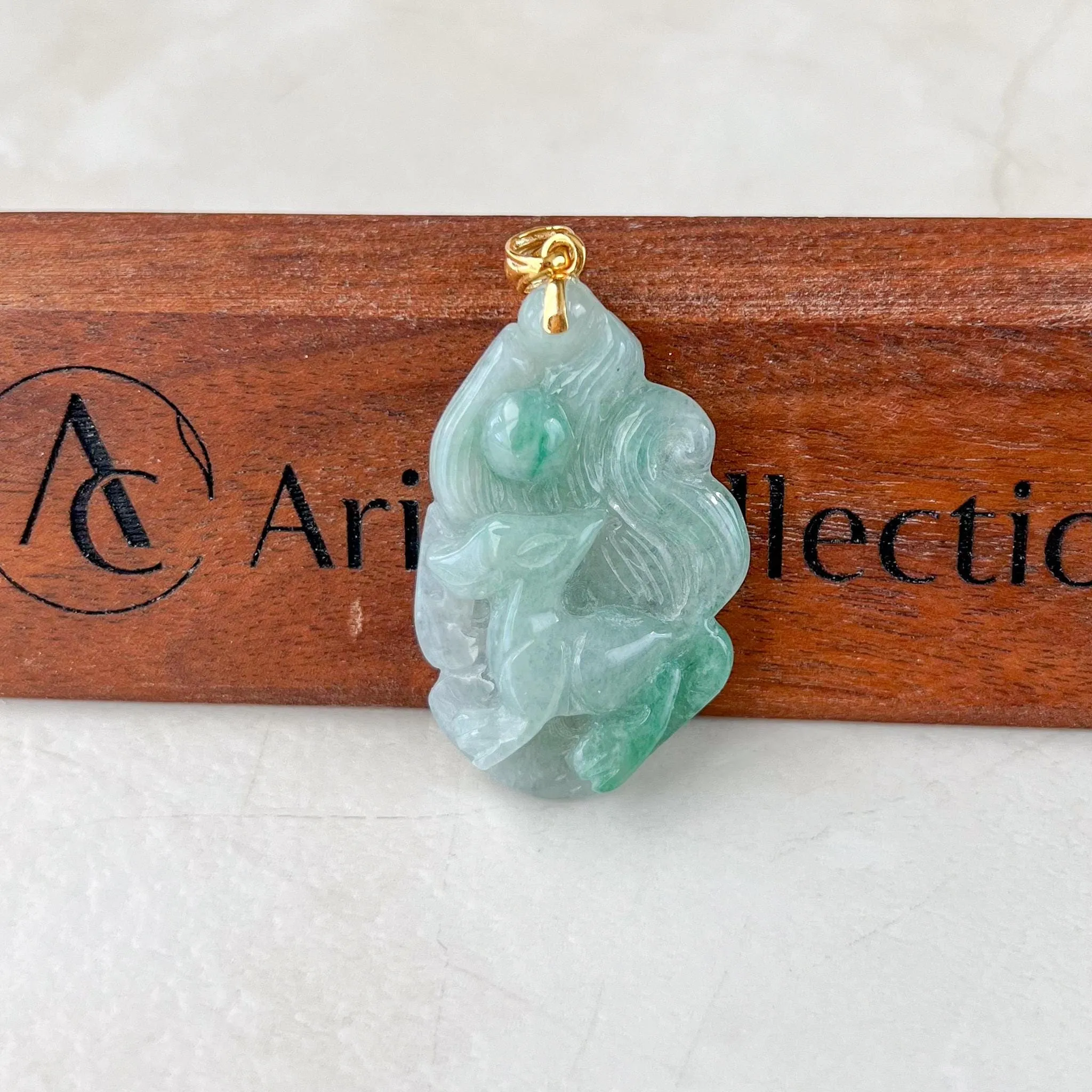 Nine 9 Tail Fox Jade Pendant with 18K Gold, Jadeite Jade Hand Carved Pendant, BH-0224-0003061