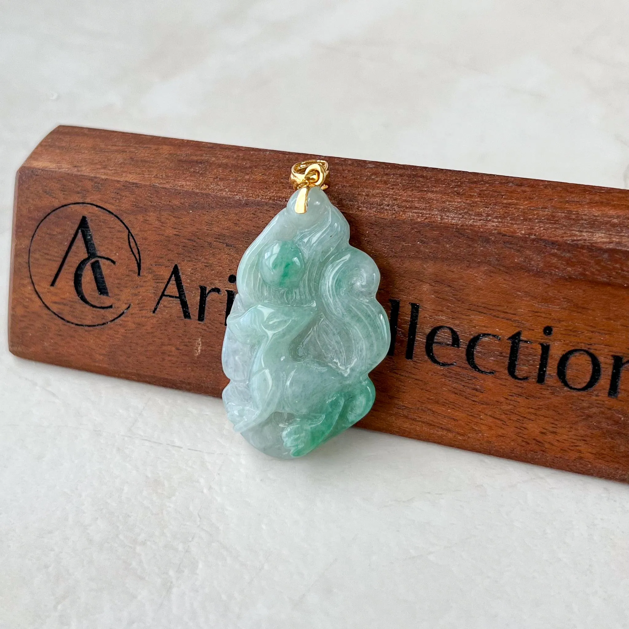 Nine 9 Tail Fox Jade Pendant with 18K Gold, Jadeite Jade Hand Carved Pendant, BH-0224-0003061