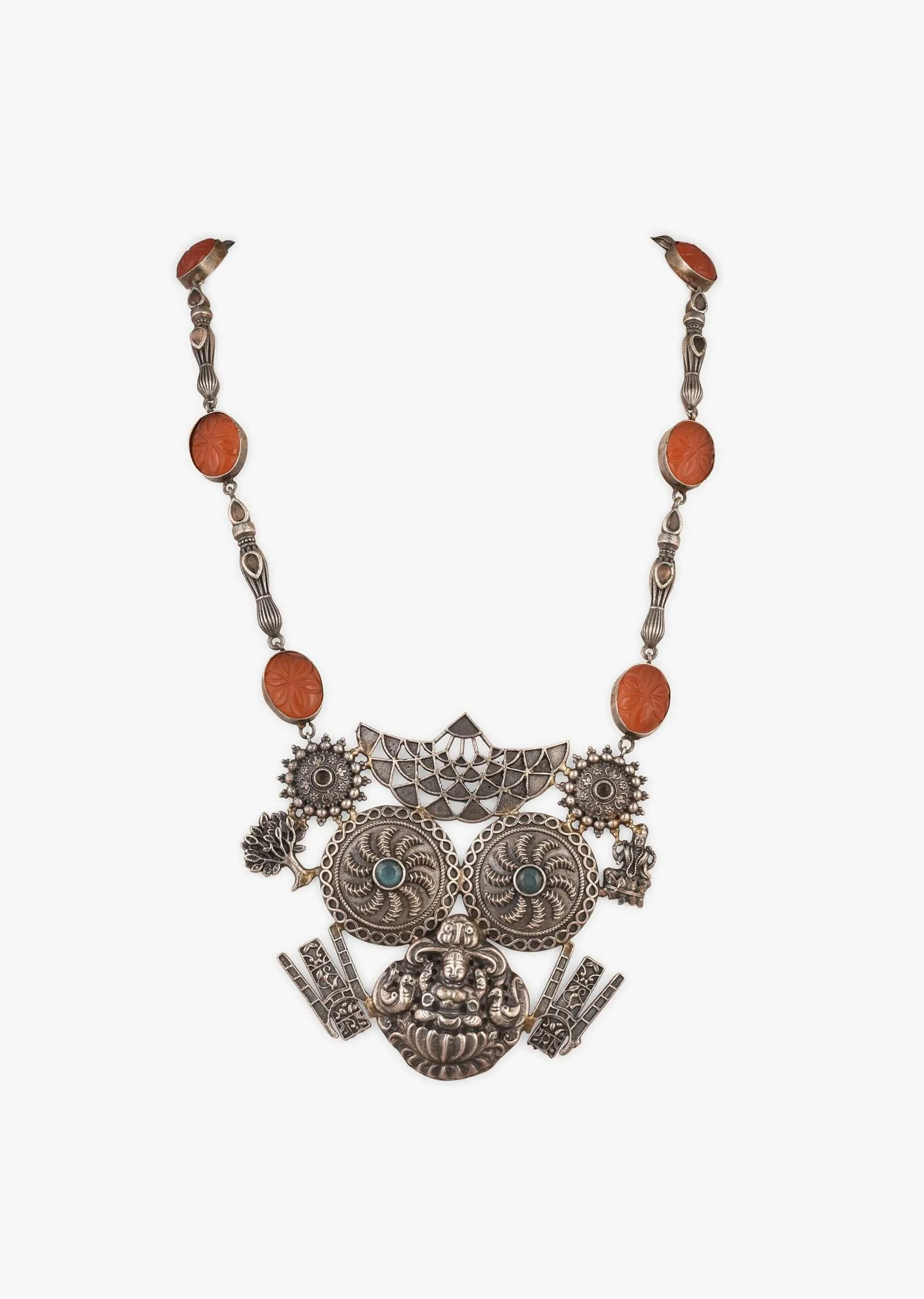 Oxidised Silver Long Necklace With Intricately Carved Temple Pendant And Orange Carved Stones