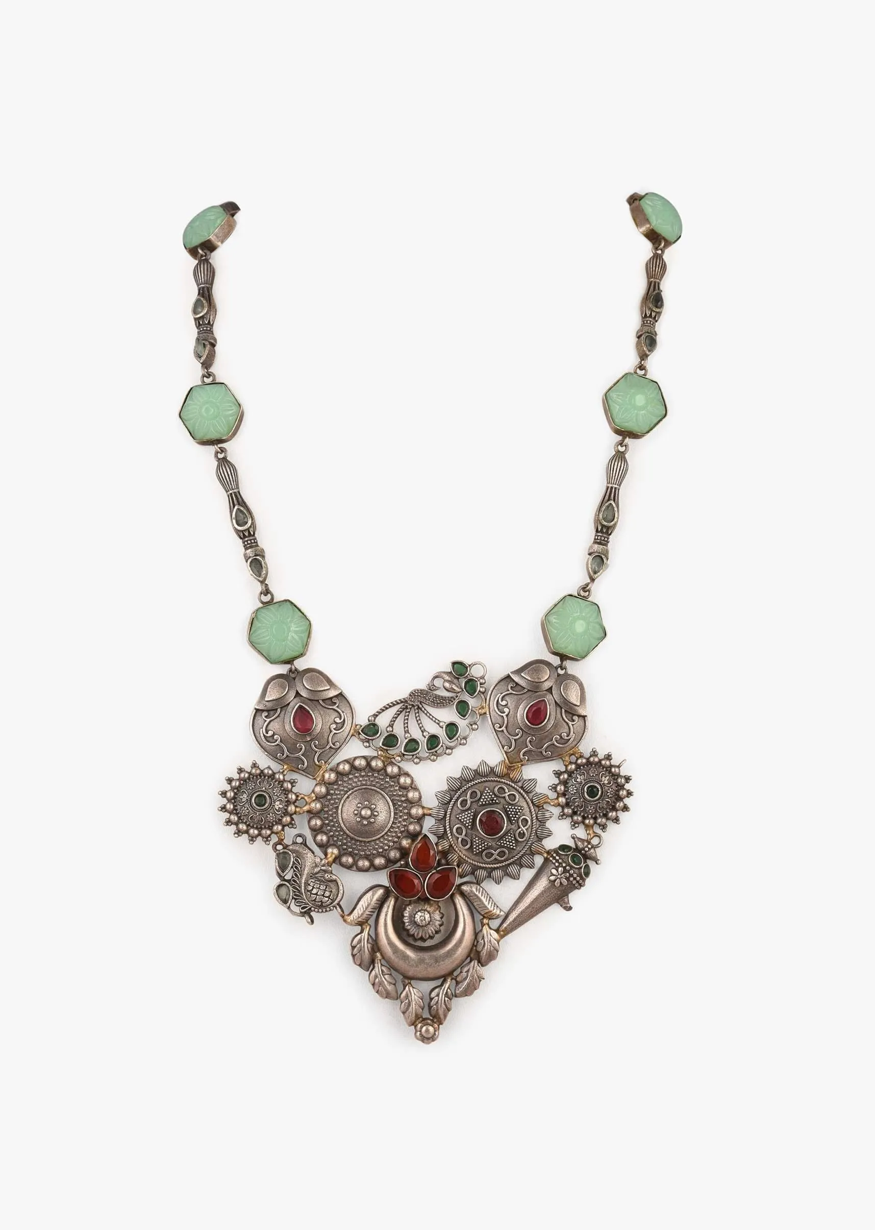 Oxidised Silver Long Necklace With Intricately Carved Temple Pendant And Sea Green Carved Stones