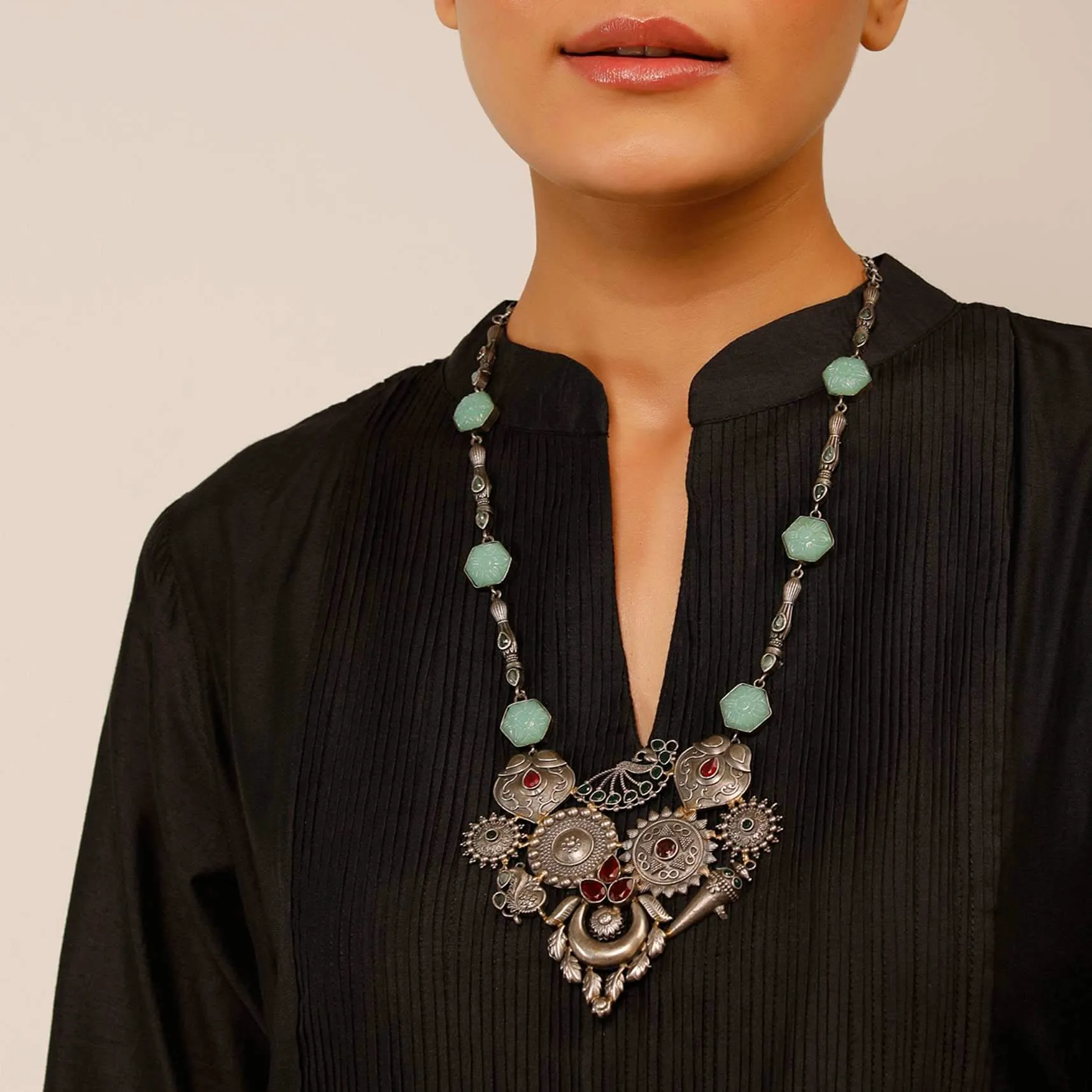 Oxidised Silver Long Necklace With Intricately Carved Temple Pendant And Sea Green Carved Stones