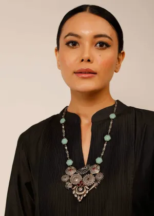 Oxidised Silver Long Necklace With Intricately Carved Temple Pendant And Sea Green Carved Stones