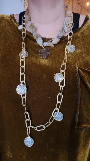 Raw citrine quartz crystal wrapped necklace with shield charm