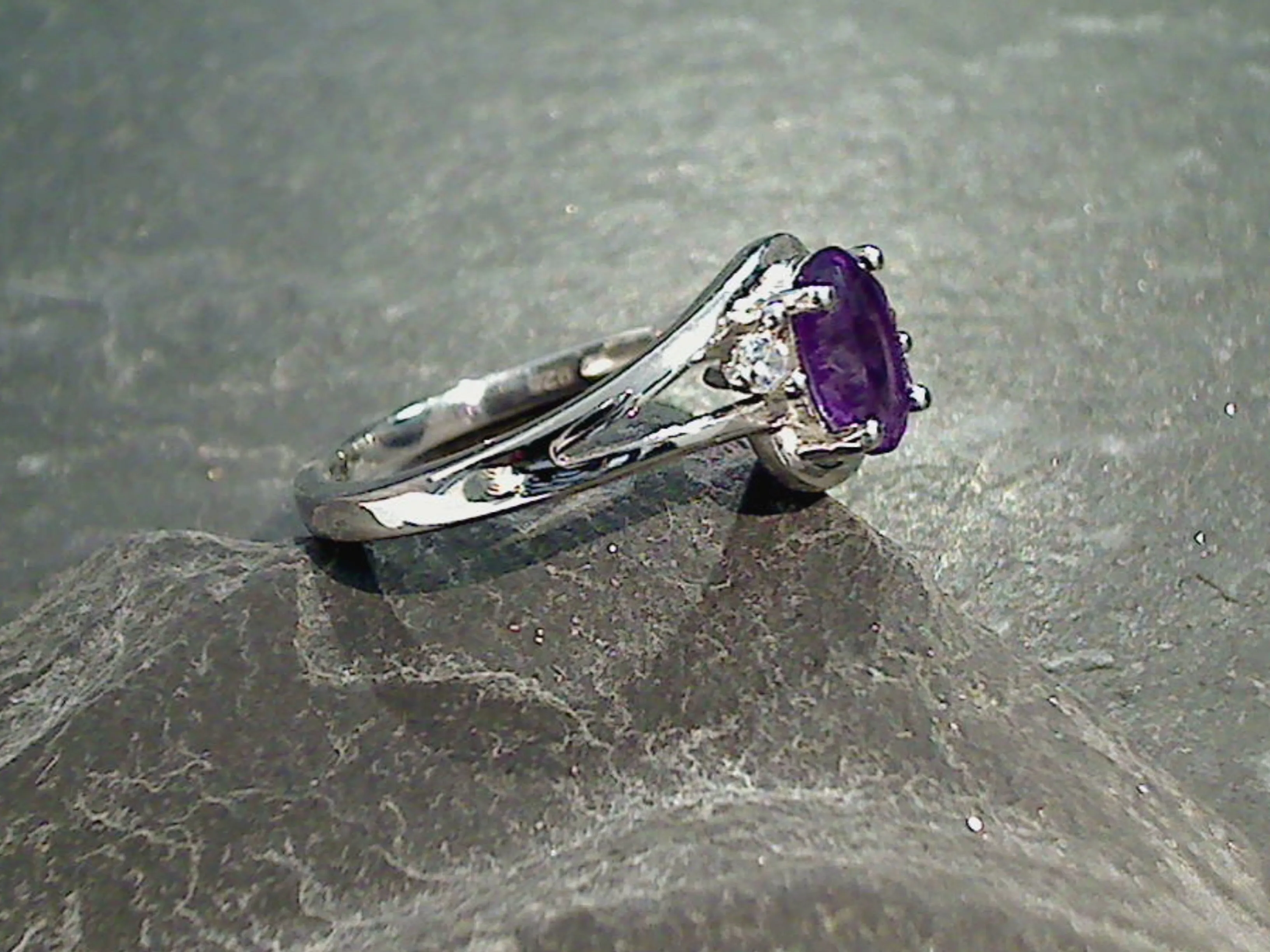 Size 7.5 Amethyst, CZ, Rhodium Plated Sterling Silver Ring